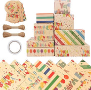Set di Rivestimento per Regali per Bambini 8 Pezzi Carta da Regalo Ecologica in Carta Kraft con Set di Festa con Fiocchetto e Nastro Adesivo per Ragazzi e Ragazze
