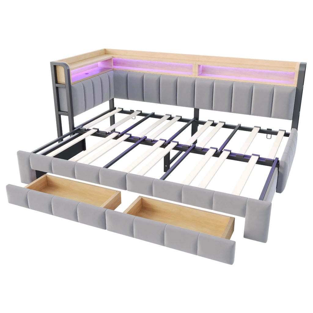 Letto imbottito trasformabile 90x200 cm in 180x200 cm con contenitore, LED, USB e Type-C, velluto grigio chiaro