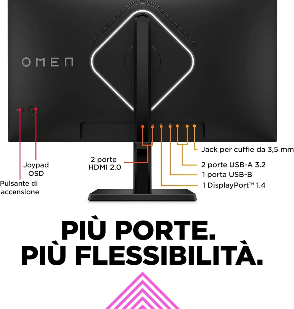 OMEN 27qs Monitor da 27 Pollici, Pannello IPS da 16:9 QHD da 240 Hz, 1 ms, Display HDR 400, Antiriflesso, 400 Nits, AMD FreeSync, NVIDIA G-SYNC, VESA 100x100 mm, HDMI 2.0, USB-A e B