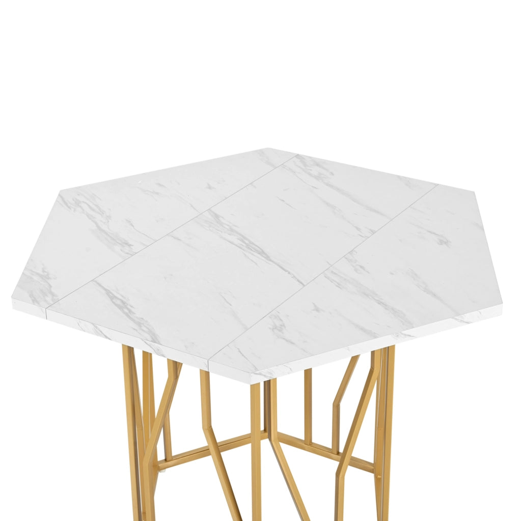 Tavolo da pranzo esagonale 115;5 x 100 cm in MDF effetto marmo; bianco e oro