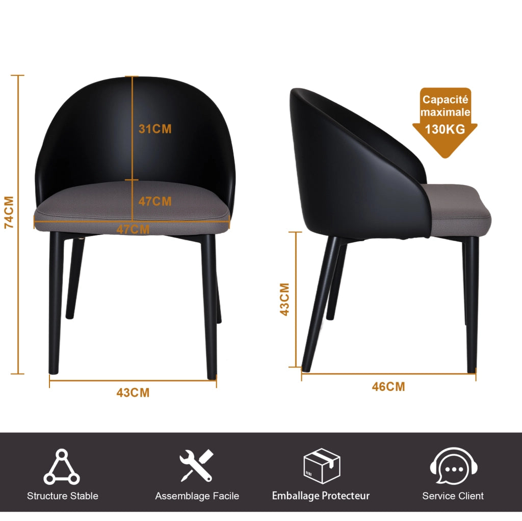 Set 2 sedie da pranzo moderne in PU grigio con schienale nero e seduta in mesh