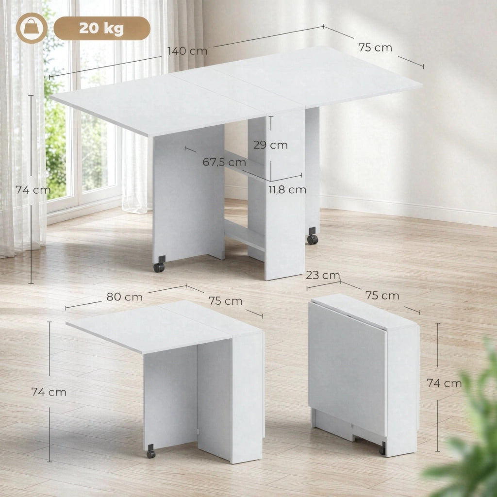 Tavolo da pranzo - pieghevole su ruote - compatto - tavolino mobile - versatile - solo tavolo