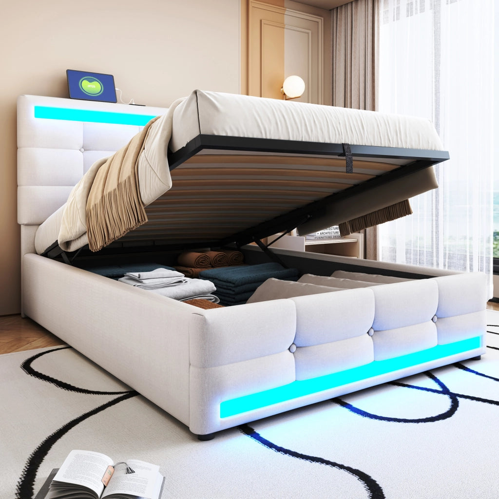 Letto imbottito 90x200 con LED RGB, 2 porte USB, testiera regolabile e struttura contenitore