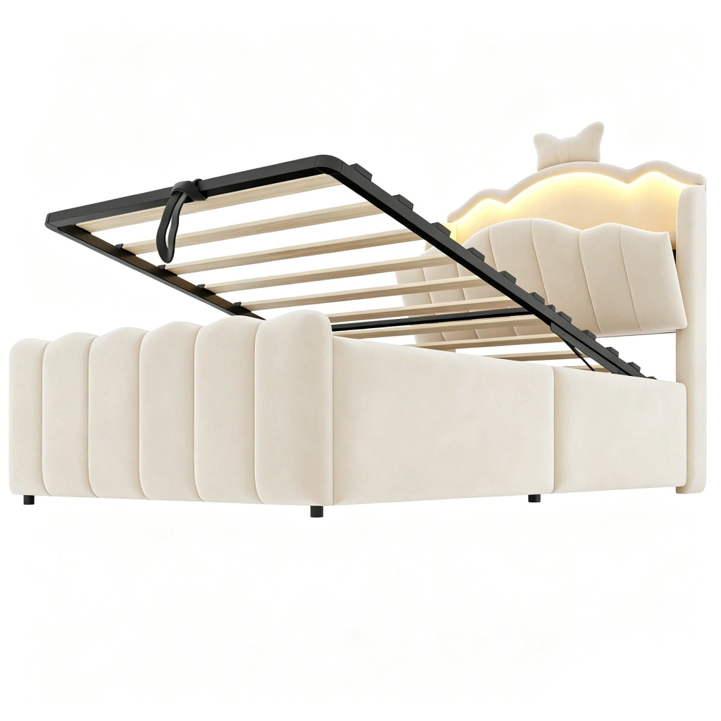 DESMIU Letto per bambini 90 × 200 cm con contenitore idraulico, LED, USB e USB-C, senza materasso, beige