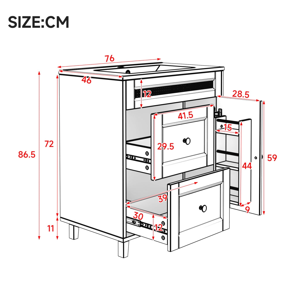 Mobile sottolavabo da bagno con lavabo in ceramica, 2 cassetti e ante, gambe in legno, nero 76 × 46 × 86,5 cm