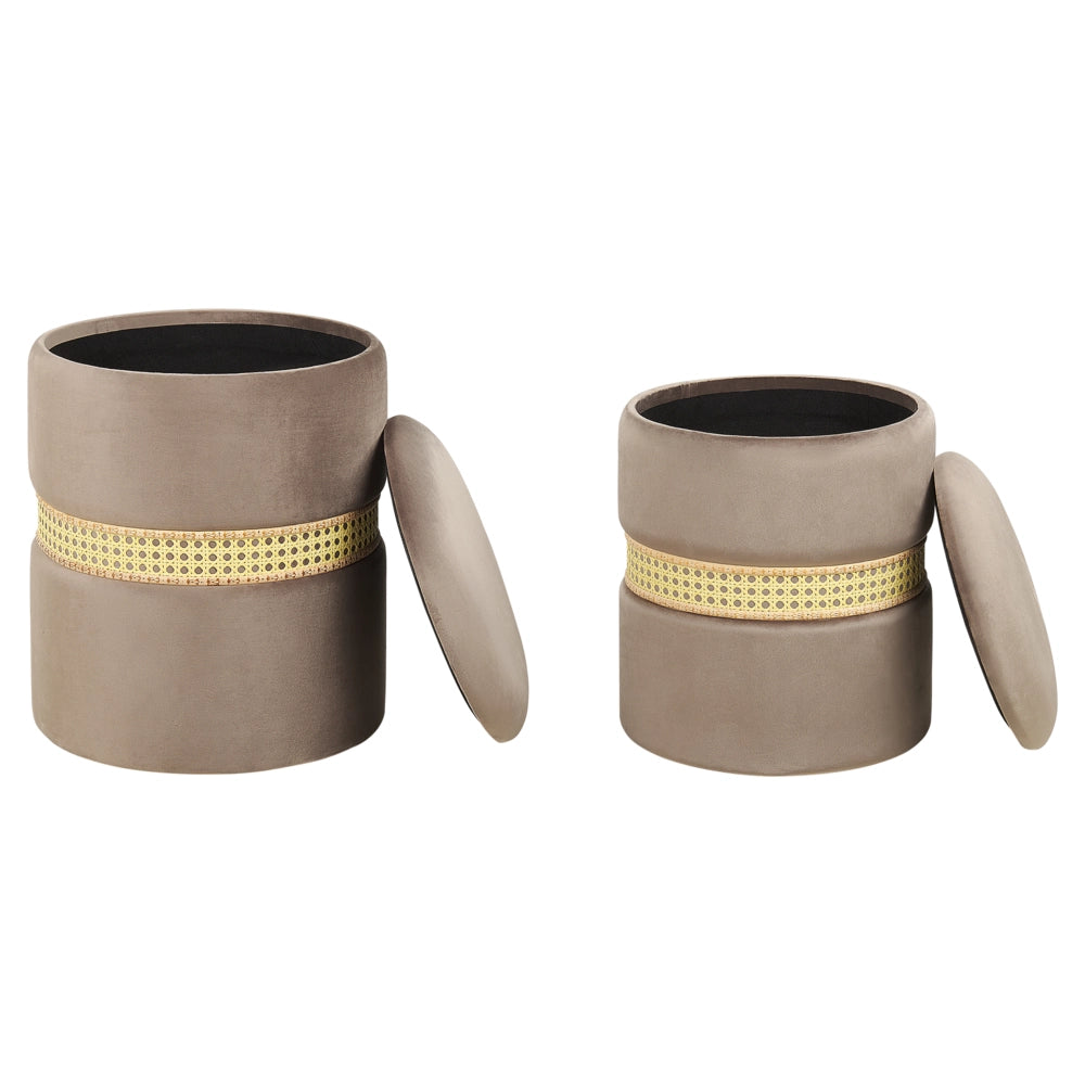 Set di 2 pouf in velluto tortora e rattan stile boho contemporaneo camera da letto