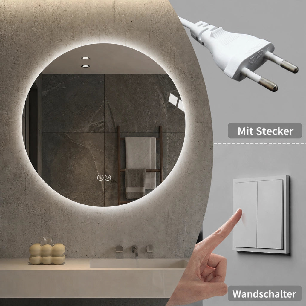 Specchio luminoso da bagno rotondo con retroilluminazione 3 colori luce dimmerabile memoria e antiappannamento