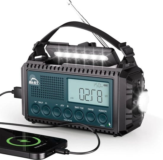 Radio portatile con batteria 12000 mAh e luce di emergenza - Caricabile e trasportabile - AM/FM/SW - Lampada di lettura - Radio di emergenza - Collegamento Type C - Allarme SOS - Radio dinamica - Ideale per campeggio all'aperto e passeggiate