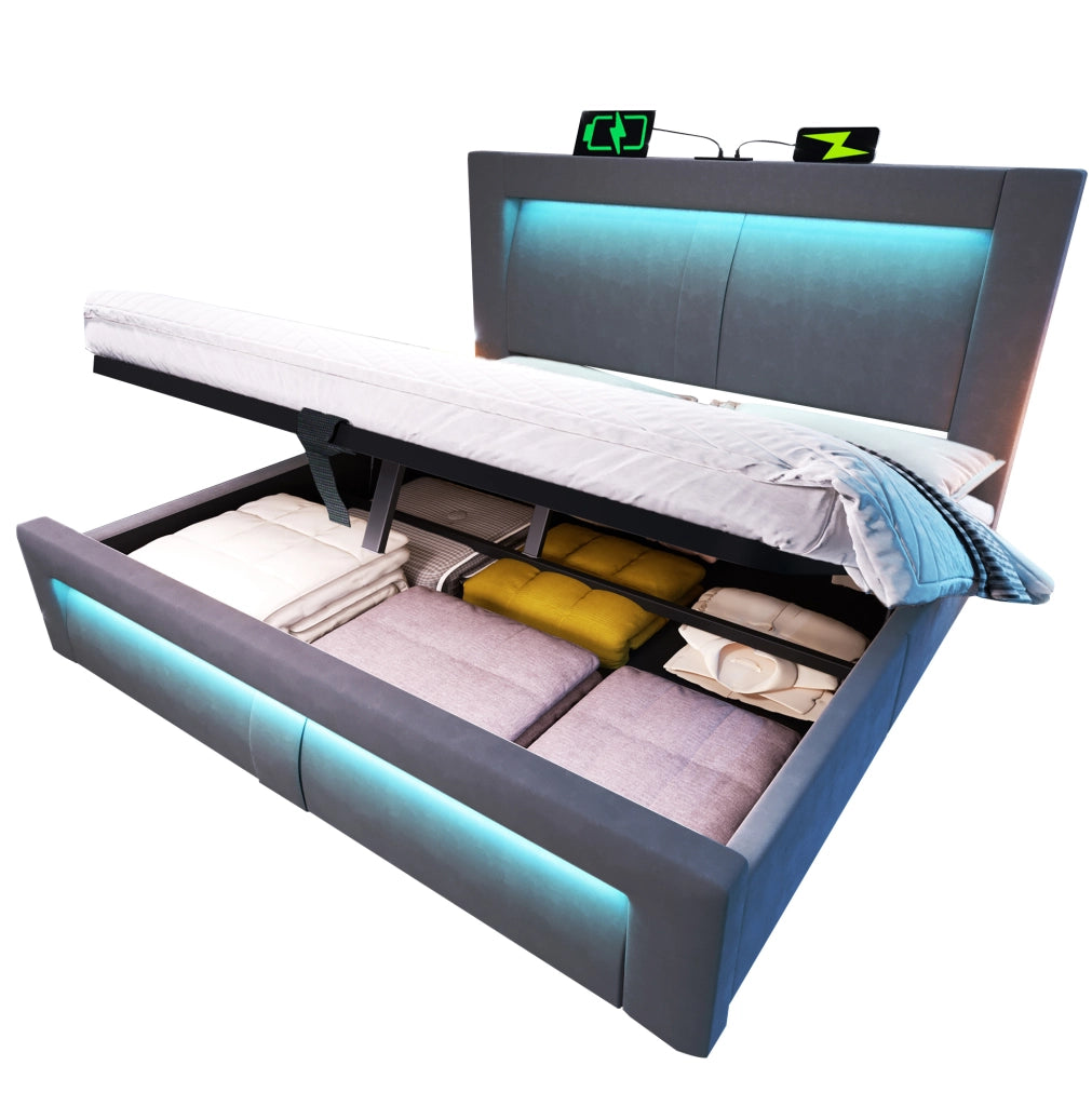 Letto matrimoniale 160x200 cm con contenitore; LED; prese USB e Type-C; velluto grigio con materasso