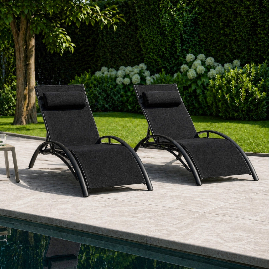 Set 2 Lettini Prendisole Reclinabili Per Giardino Con Schienale Regolabile 5 Posizioni Tessuto Traspirante Per Piscina Terrazza Outdoor 59 x 158 x 81.5 Cm Nero