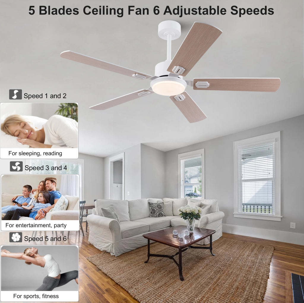 Ventilatore da soffitto con luce LED dimmerabile e telecomando, bianco e rovere chiaro