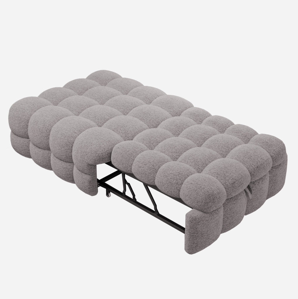 Divano Letto Singolo 2-in-1 con Pouf Estraibile in Bouclé Grigio