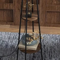 Lampada da Terra a 2 Ripiani in Metallo e MDF con Paralume in Tessuto, Ø42x166 cm, Nero e Marrone