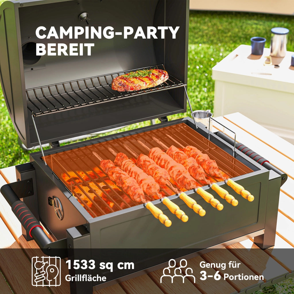 Barbecue a carbone con coperchio, griglia riscaldante, cassetto cenere, termometro, inox ¨C zephmum ¨C Nero/Rosso 67x53x55cm