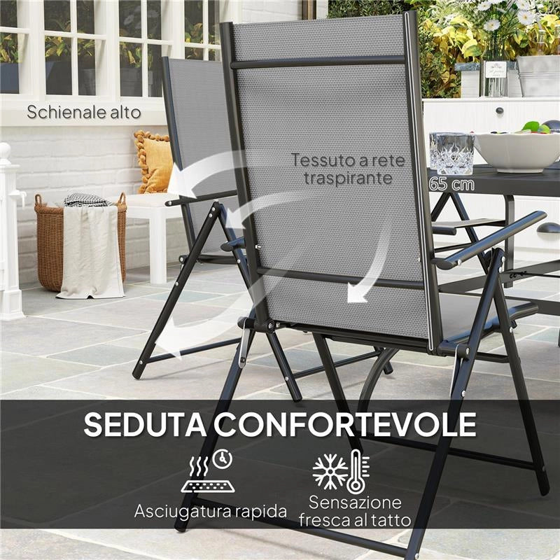 SET DA GIARDINO 7 PEZZI CON TAVOLO DA PRANZO CON FORO PER OMBRELLONE E 6 SEDIE PIEGHEVOLI GRIGIO
