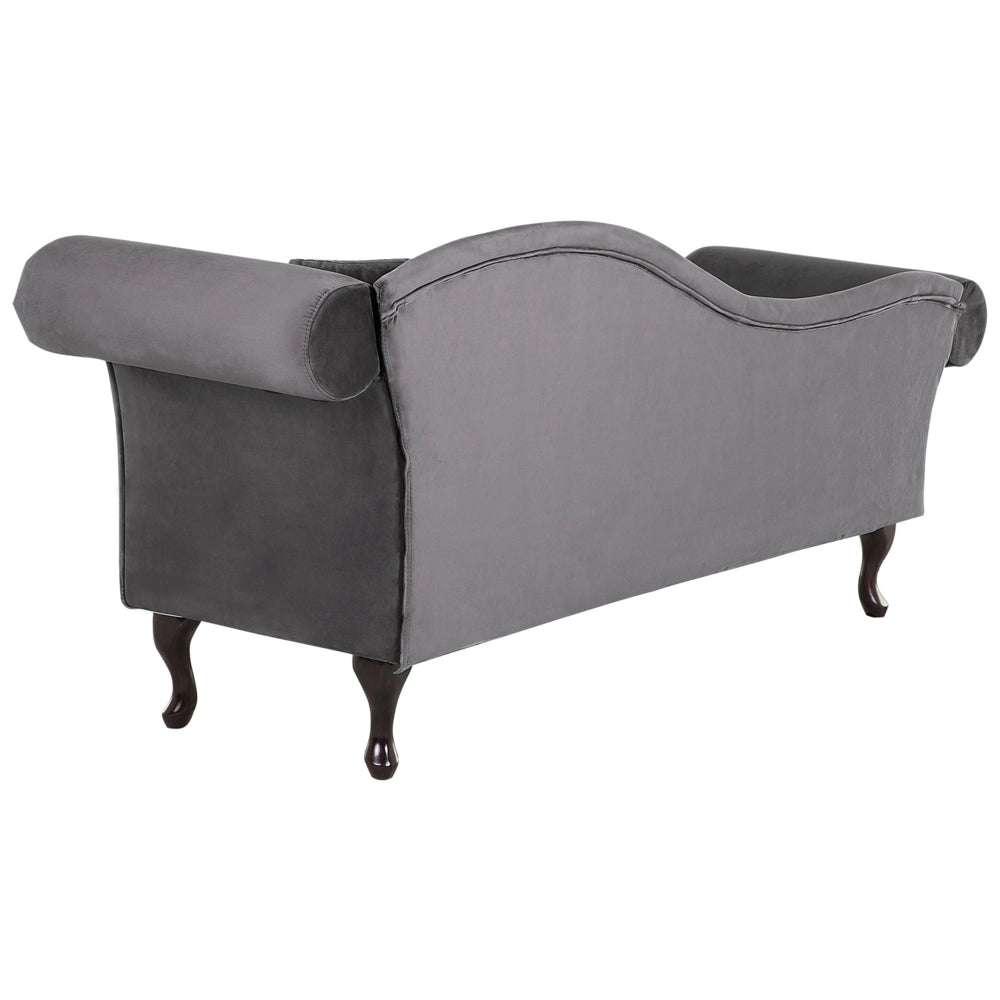 Chaise longue in velluto grigio con bottoni rivestimento trapuntato braccioli arrotolati a versione destra con cuscino