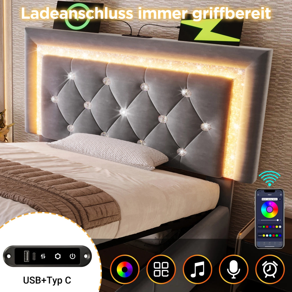 LETTO singolo 90x200 cm in velluto grigio con LED, USB e contenitore