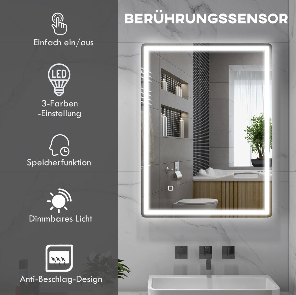 Specchio da Bagno LED 80x60 cm con Funzione Memory e Antinebbia, Cornice in Alluminio Resistente all’Acqua