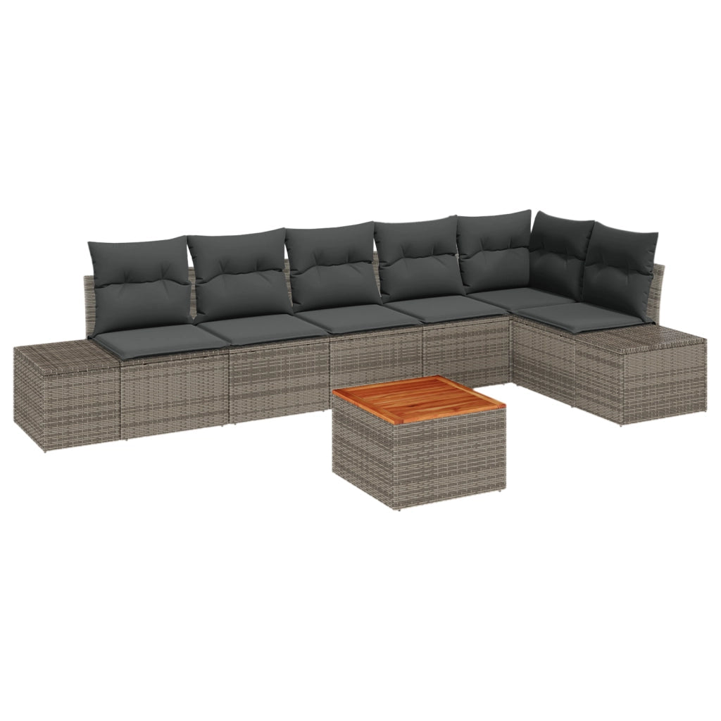 Set di divani da giardino 7 pezzi con cuscini grigi in polyrattan e acacia