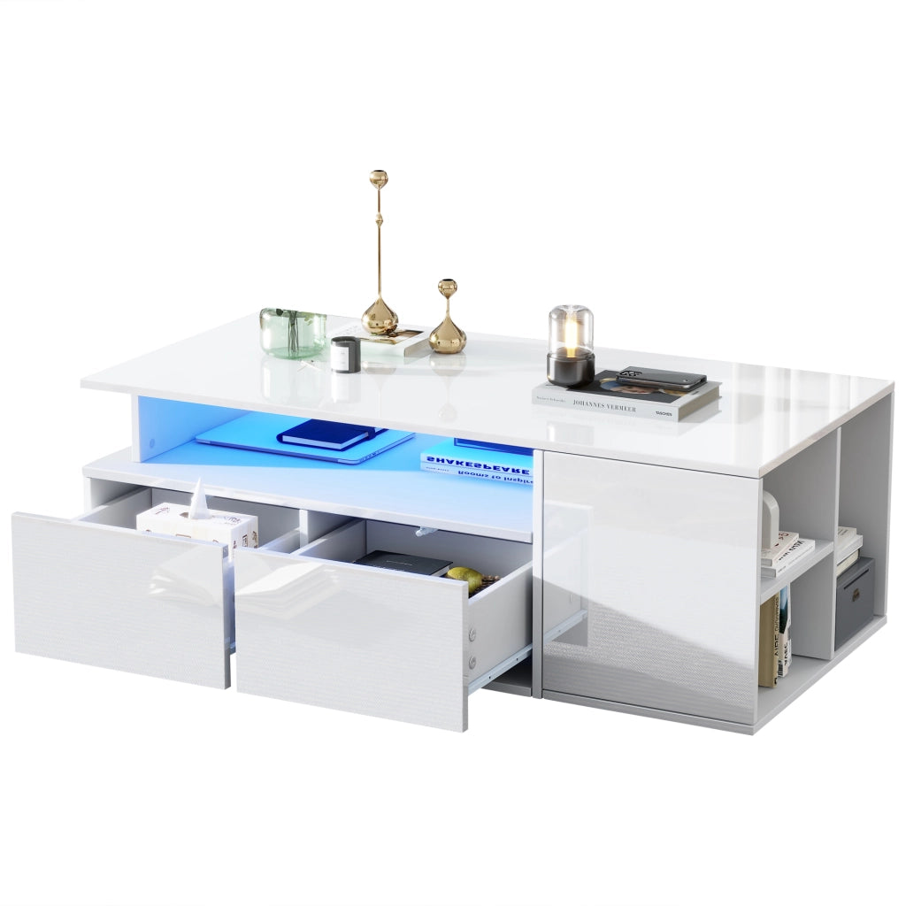 Tavolino da salotto con 2 cassetti; 1 vano aperto e 3 scomparti laterali; LED USB; per soggiorno; bianco 100 x 50 x 35 cm