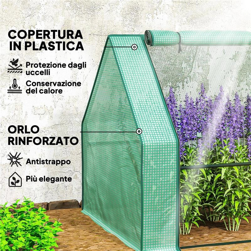 MINI SERRA DA GIARDINO A 4 PORTE ARROTOLABILI CON COPERTURA ALLUNGATA, IN ACCIAIO E PE, 360X90X90 CM, VERDE