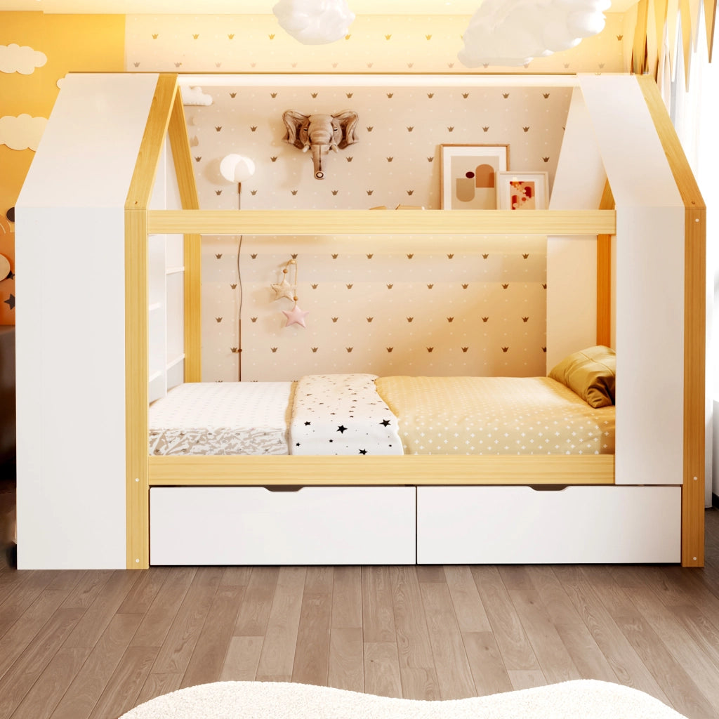 Letto a casetta per bambini 90 × 200 cm con 2 cassetti, LED e ripiani laterali, senza materasso, legno massiccio, bianco naturale