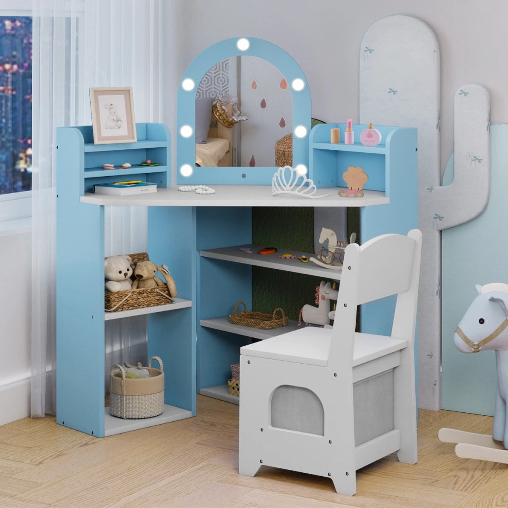 Tocador per bambini con luci set toeletta e sedia principessa con 3 mensole-Tocador per bambini con 5 scomparti aperti Blu