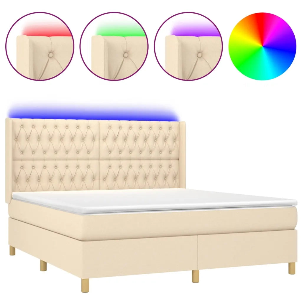 Letto a Molle con Materasso e LED Crema 160x200 cm in Tessuto