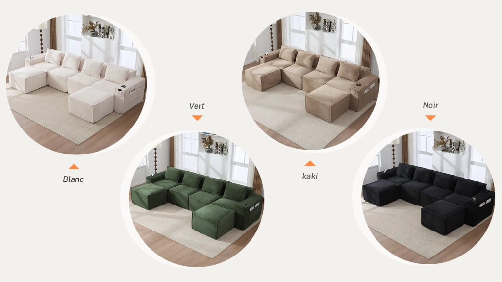 Divano modulare 4 posti con portabicchieri e tasche laterali, molle e schiuma, per soggiorno in tessuto a coste beige