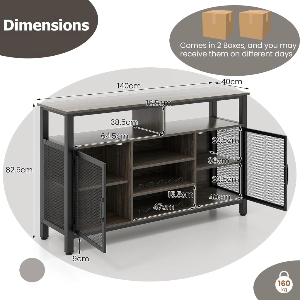 Credenza da Cucina con Portabottiglie e Portabicchieri, Mobiletto Porta TV 60", Armadietto Portaoggetti con Contenitore per Sala da Pranzo, Soggiorno, 140 x 40 x 82,5 cm (Grigio)