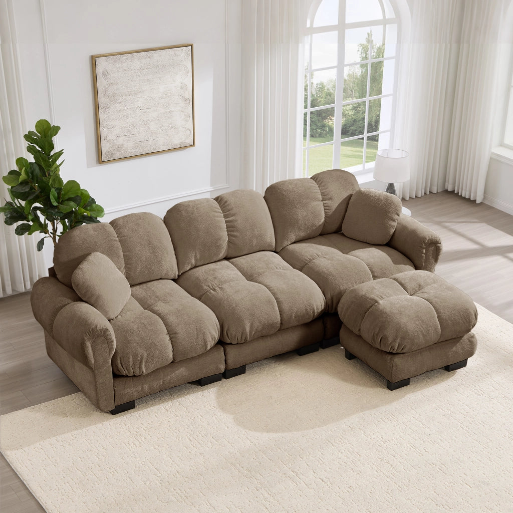 Divano angolare modulare 3 posti con chaise longue mobile e cuscini in chenille marrone per soggiorno