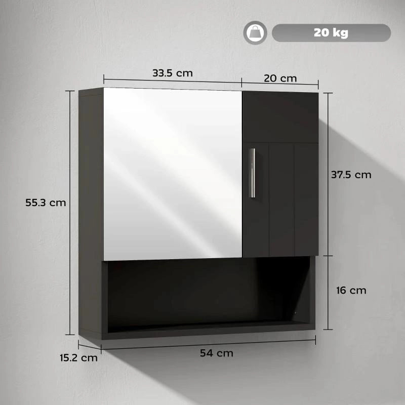 ARMADIETTO SPECCHIERA BAGNO IN LEGNO CON MENSOLE REGOLABILI E RIPIANO APERTO, 54X15.2X55.3 CM, NERO