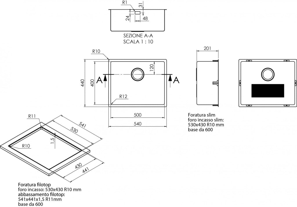 Lavello da incasso in acciaio inox a una vasca con foro per miscelatore 54x44cm Coveh 