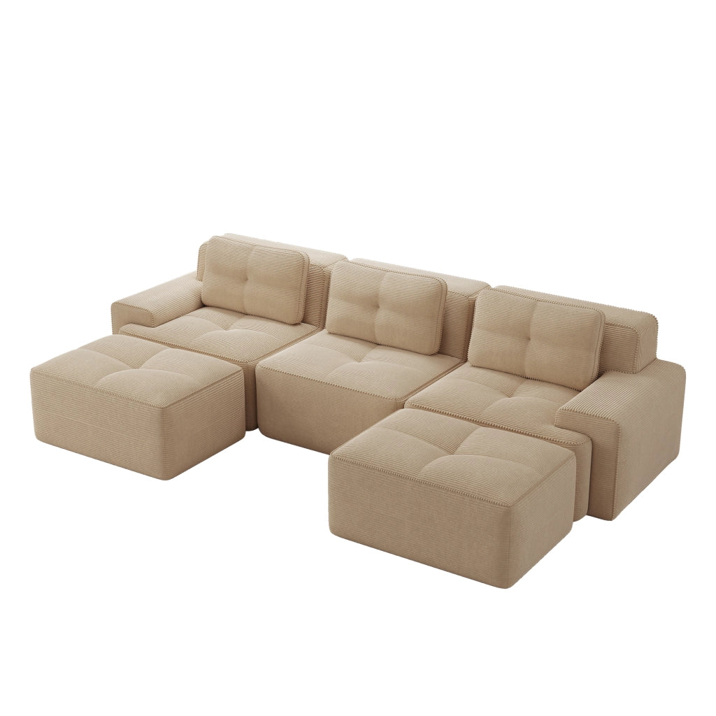 Divano modulare a U in velluto a coste beige con ottomana; 293 x 177 x 69 cm