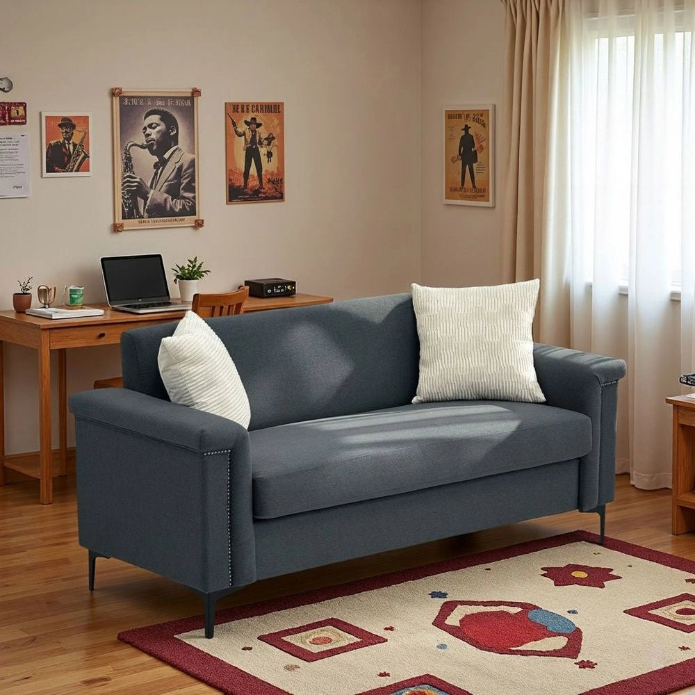 Divano 2 posti minimalista - Xylo - Piedi metallici, tessuto lino, grigio