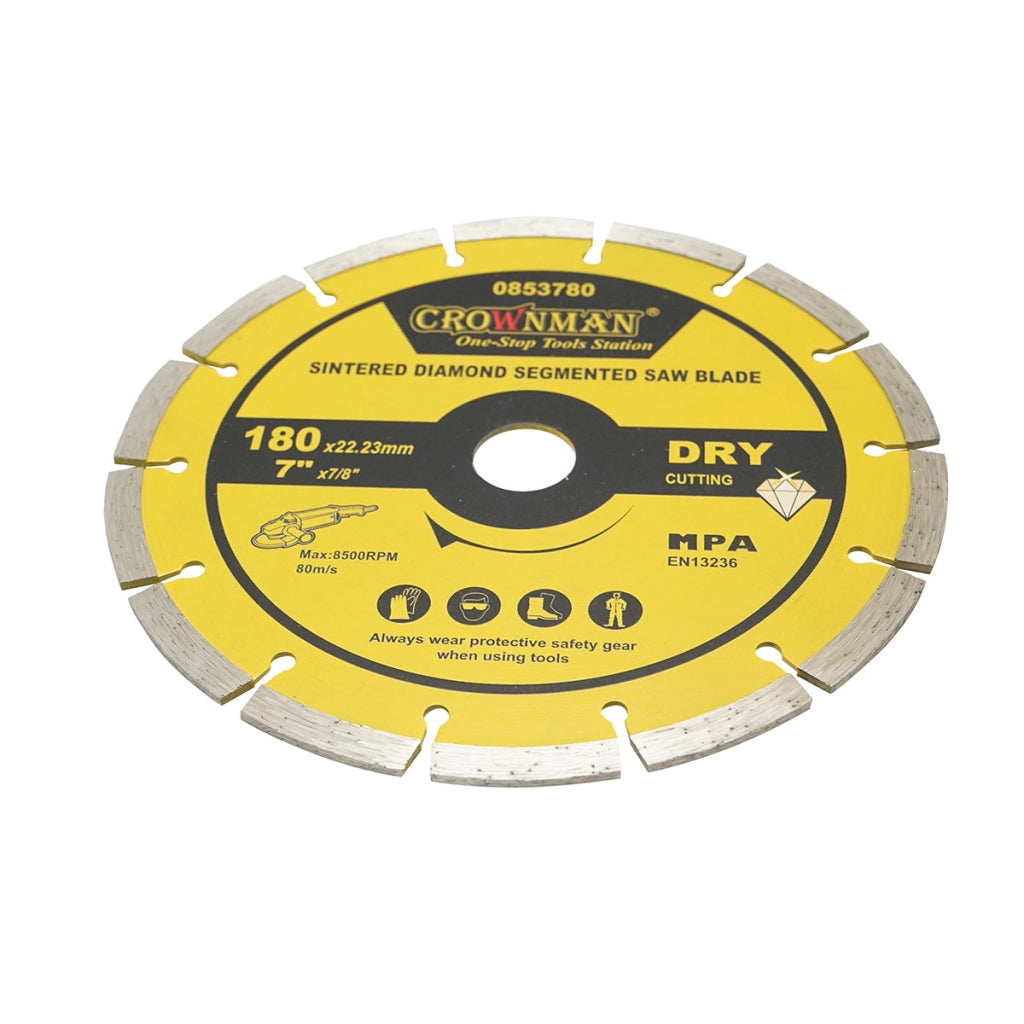 Disco diamantato segmentato 180x22,23mm, max. velocità. 8500 giri/min, taglio a secco per cemento, pietra, granito, marmo Crownman