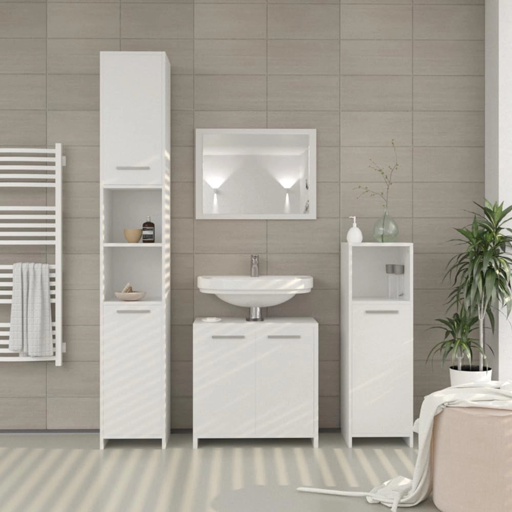 Mobile sottolavabo per bagno Kiko, Bianco, 58 x 60 cm, con ritaglio per sifone e spazio di stoccaggio per l’organizzazione del bagno