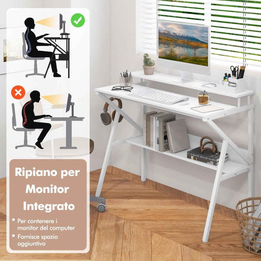 Scrivania Salvaspazio per Computer, Scrivania con Struttura Metallica, Supporto per Monitor, Gancio Pendente e Ripiano, Scrivania Versatile a Forma di R per Ufficio e Casa