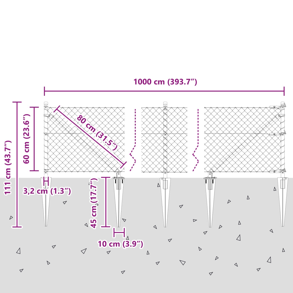 Recinzione a Maglie Metalliche con 7 Pali a Punta 0.6x10 m Acciaio Zincato