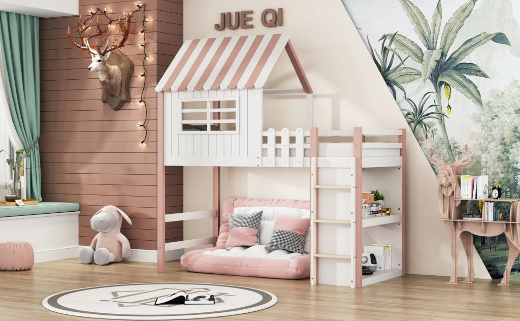 Letto a castello per bambini 90x200 cm con tetto rosa