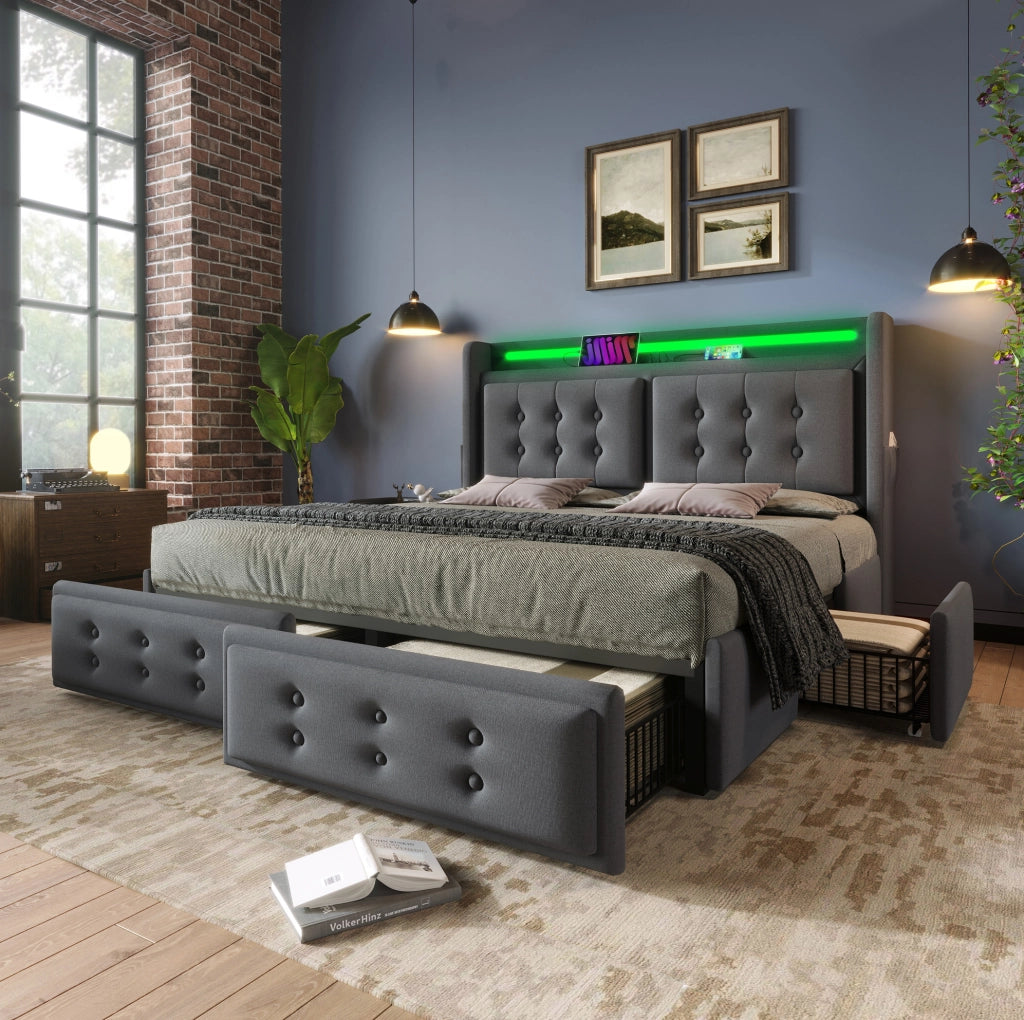 Letto matrimoniale 160x200 cm imbottito con LED; prese di ricarica; 4 cassetti; grigio