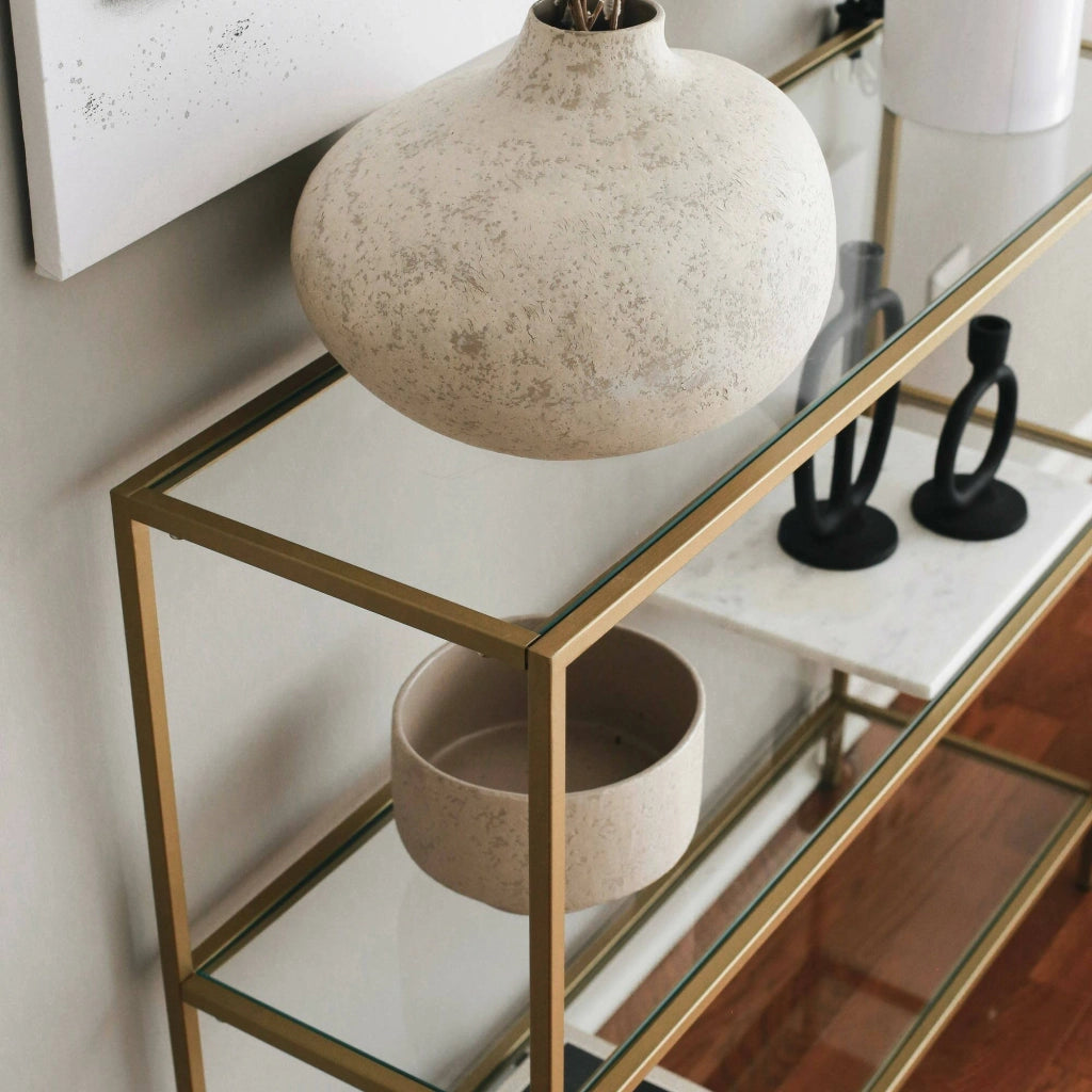 Consolle Domenica, Tavolo multiuso, Mobiletto d'appoggio, Scrivania da corridoio, 100x30h85 cm, Oro