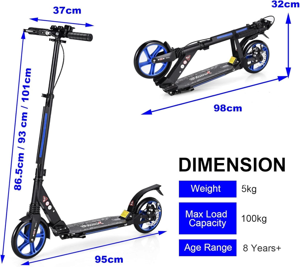 Scooter pieghevole con 2 ruote e freno, monopattino per bambini con 3 altezze regolabili, skateboard, carico fino a 100 kg, per bambini oltre 8 anni e adulti