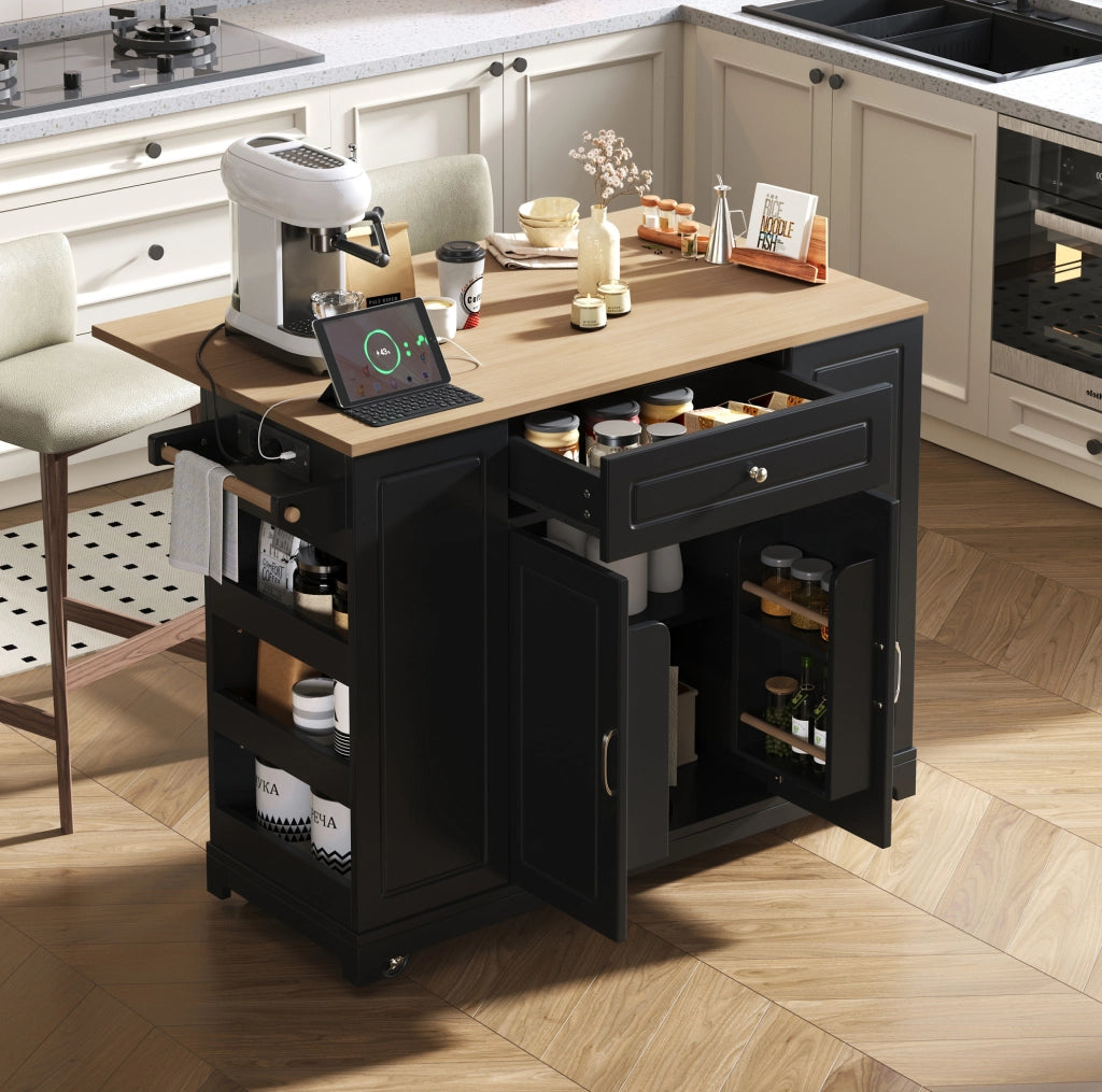 Isola cucina 131.8x40-70x93.3 cm con piano ribaltabile e prese integrate in MDF nero e naturale