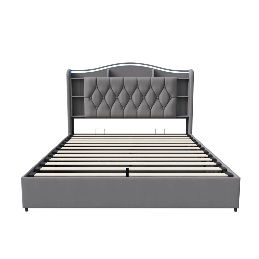 Letto matrimoniale con contenitore idraulico 140x200cm, testiera velluto grigio, luci LED RGB, ricarica USB‑wireless, scomparti porta‑oggetti