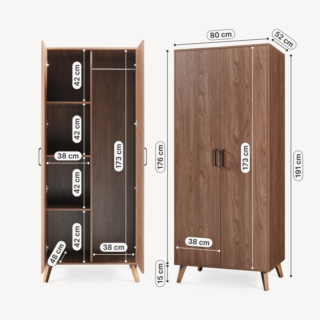 Armadio Guardaroba Norg con 2 Ante e 4 Scomparti 191x80x52 cm - Effetto Noce [en.casa]