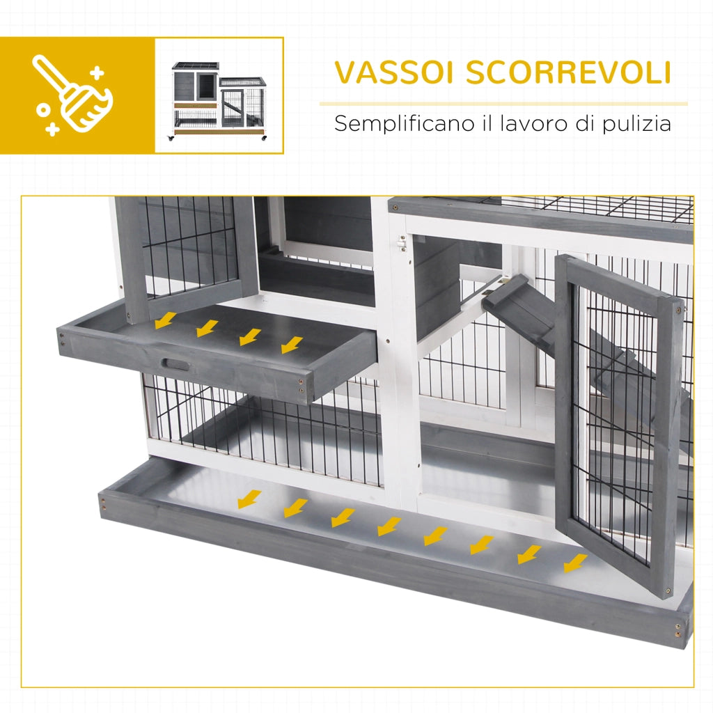 Conigliera in Legno con Ruote e Casetta - Xylo - Grigio e Bianco 110x50x88 cm