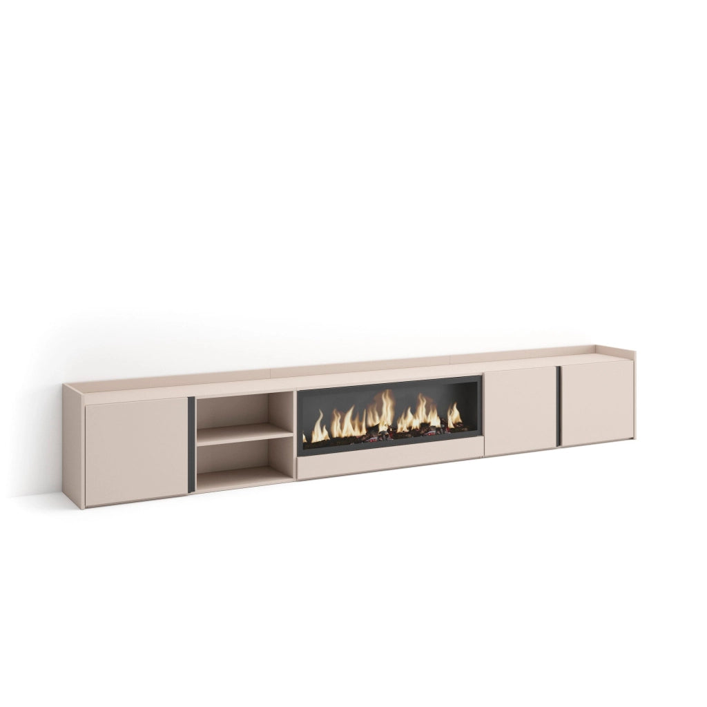 Mobile TV Soggiorno, 315x50x35 cm, Per TV fino a 80", Camino elettrico XXL, Beige