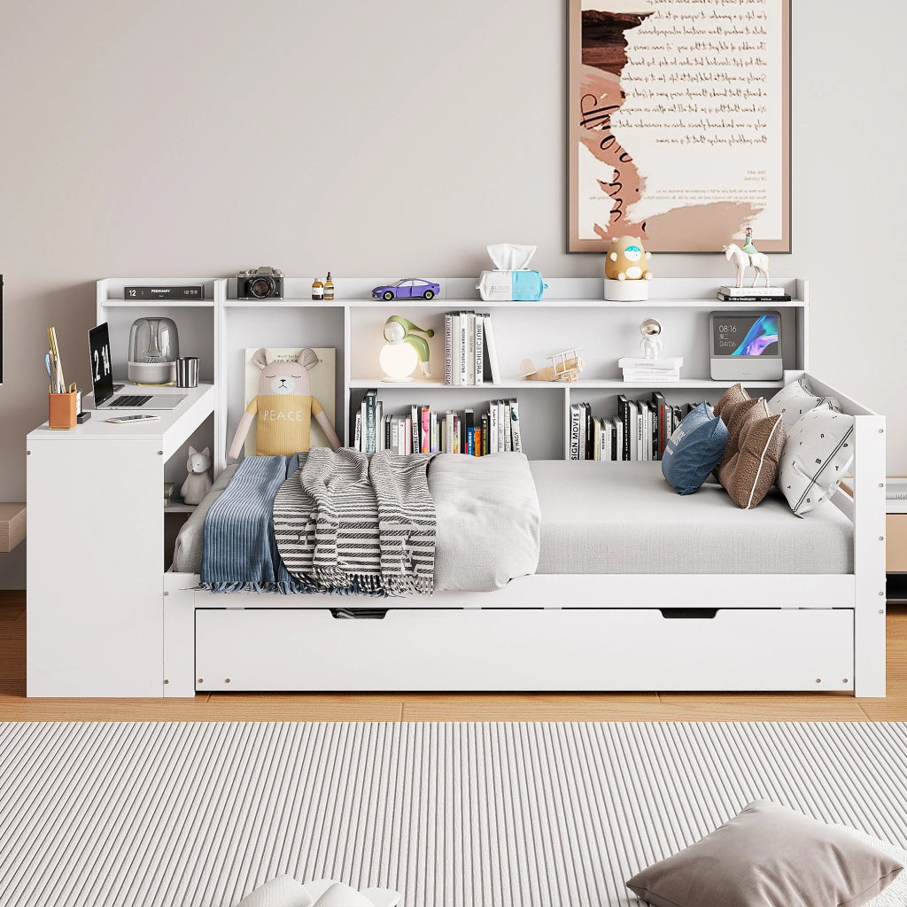 LETTO multifunzione 90x200 cm in legno massello bianco con scrivania e scaffali