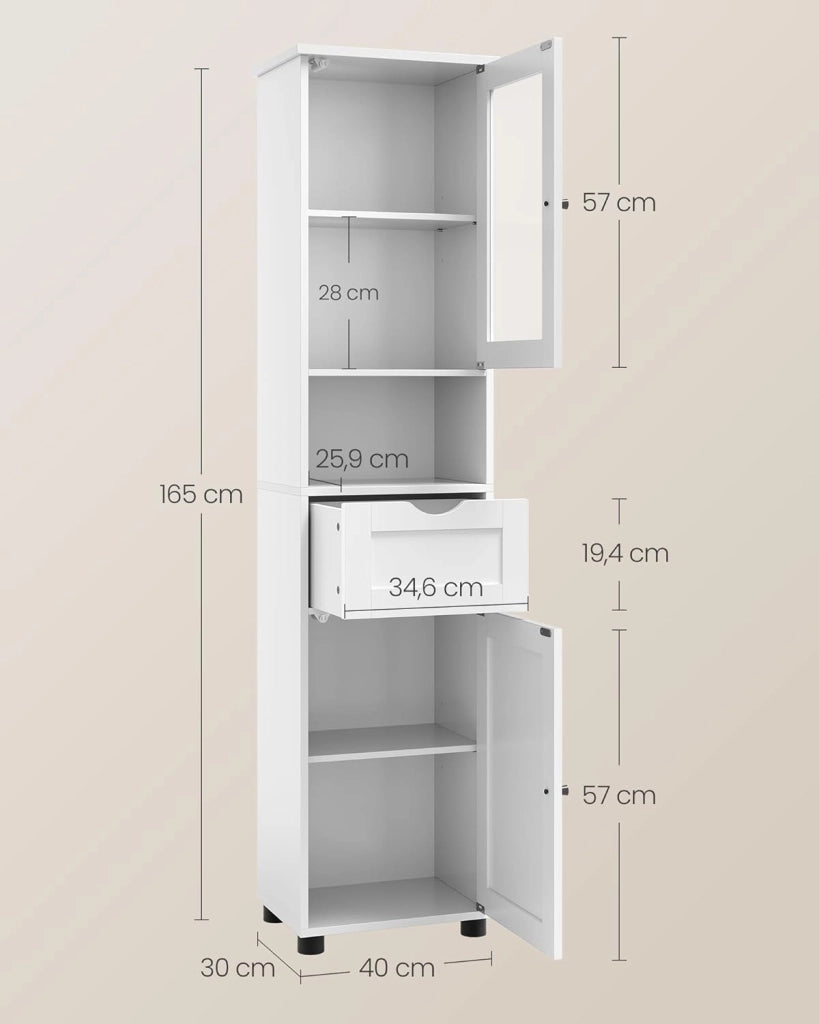 VASAGLE Mobile da Bagno Salvaspazio, Mobile a Colonna, Mobile Alto, Ripiano Aperto, Anta in Vetro, Mobiletto Bagno con Piedini, Ripiani Regolabili in Altezza, Bianco Nuvola BBK163W01